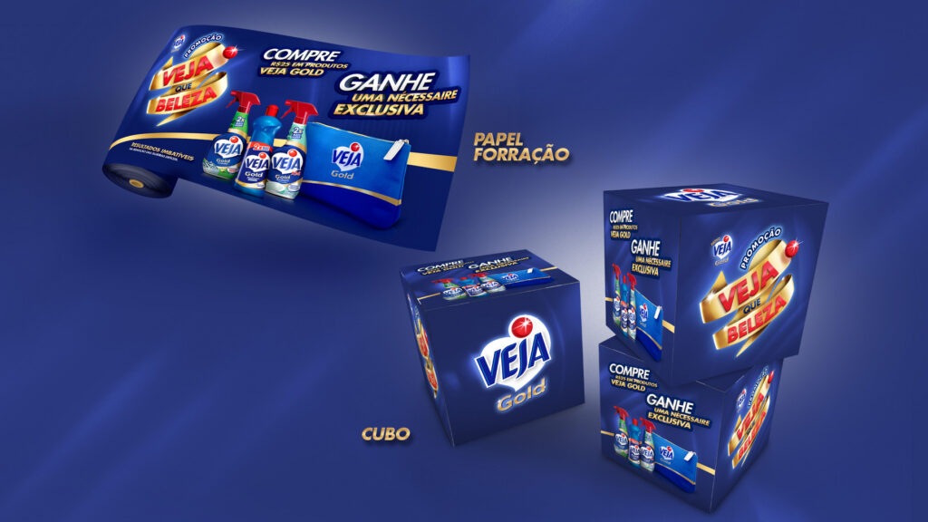 Papel de forração e cubos promocionais personalizados para ambientação de ilha e ponto de venda da Promoção Veja Que Beleza pela agência Just Trade Marketing.