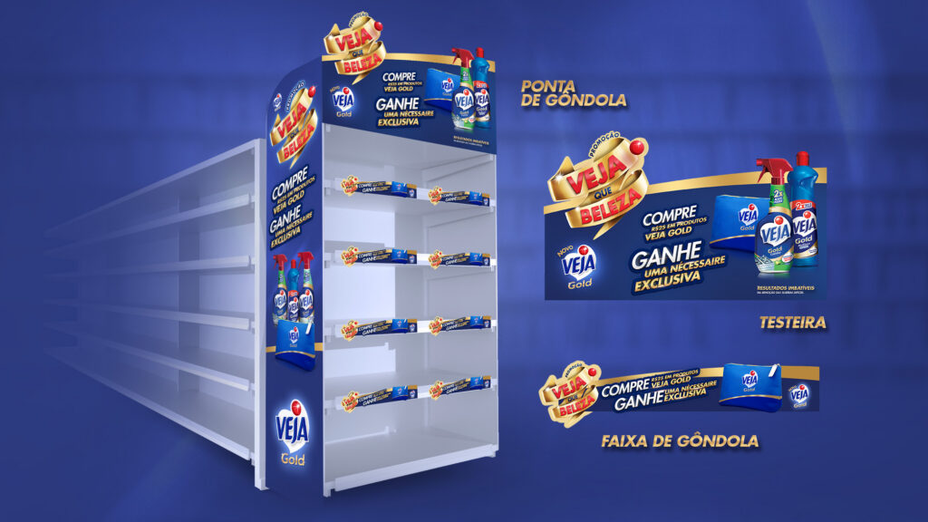 Enxoval de merchandising para ponta de gôndola, testeira e faixa de gôndola criado pela Just Trade Marketing para a Promoção Veja Que Beleza.