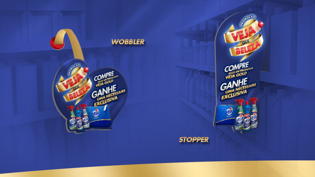 Wobbler e stopper promocionais da Promoção Veja Que Beleza desenvolvidos pela Just Trade Marketing para ativação de gôndola e comunicação de PDV.