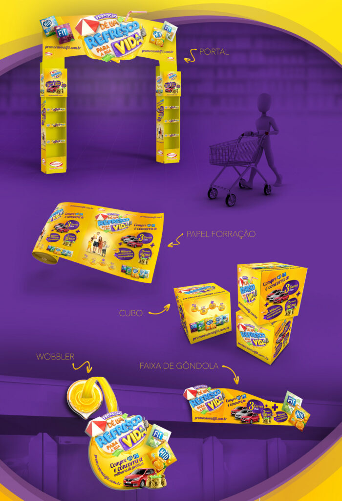 Peças do enxoval de PDV e merchandising incluindo portal, cubo, wobbler, papel forração e faixa de gôndola para Ajinomoto