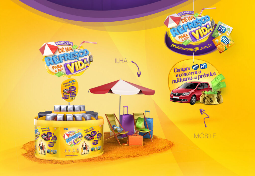 Ilha promocional com guarda-sol e móbile aéreo da Promoção Dê um Refresco para a sua Vida para refrescos MID e FIT