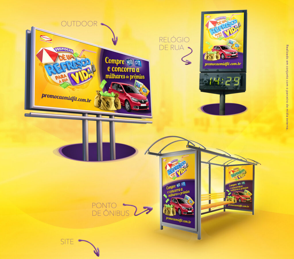 Mídia OOH incluindo outdoor, relógio de rua digital e abrigo de ponto de ônibus da promoção Ajinomoto