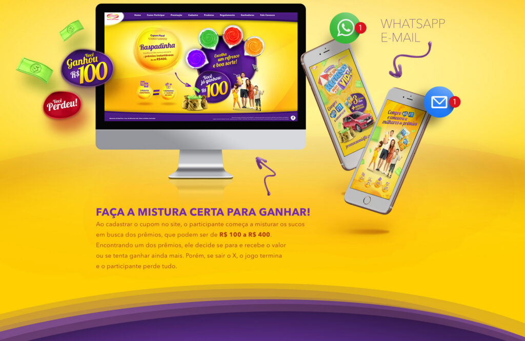 Hotsite responsivo em desktop e smartphones com régua de notificação via WhatsApp e e-mail da promoção Ajinomoto