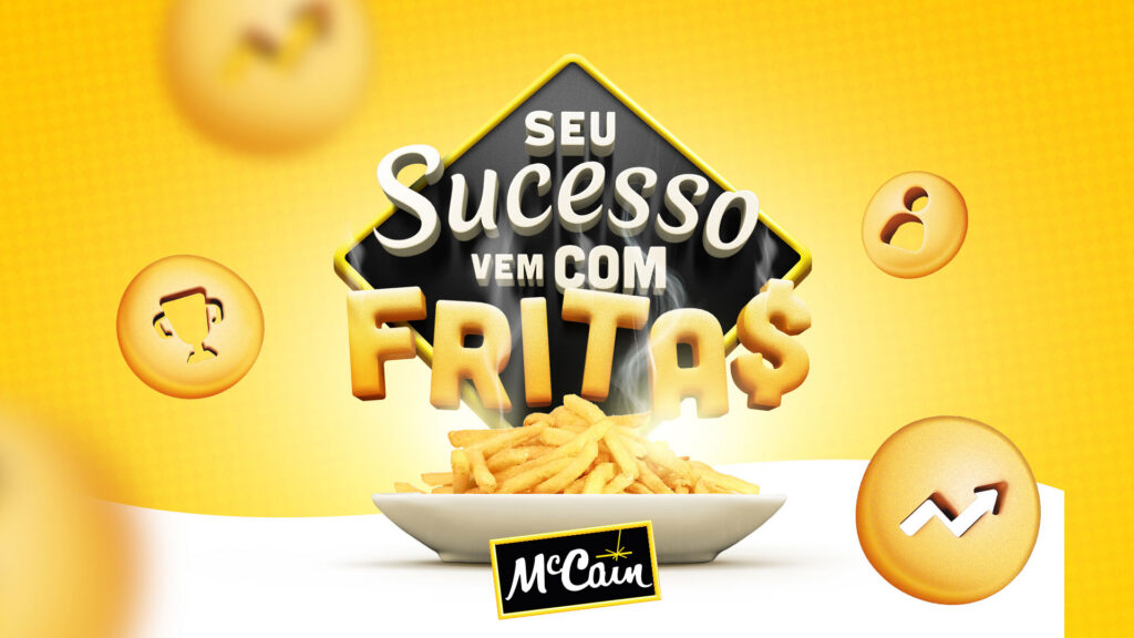 Key visual da campanha Seu Sucesso Vem com Fritas com prato de batatas palito McCain e ícones de incentivo B2B