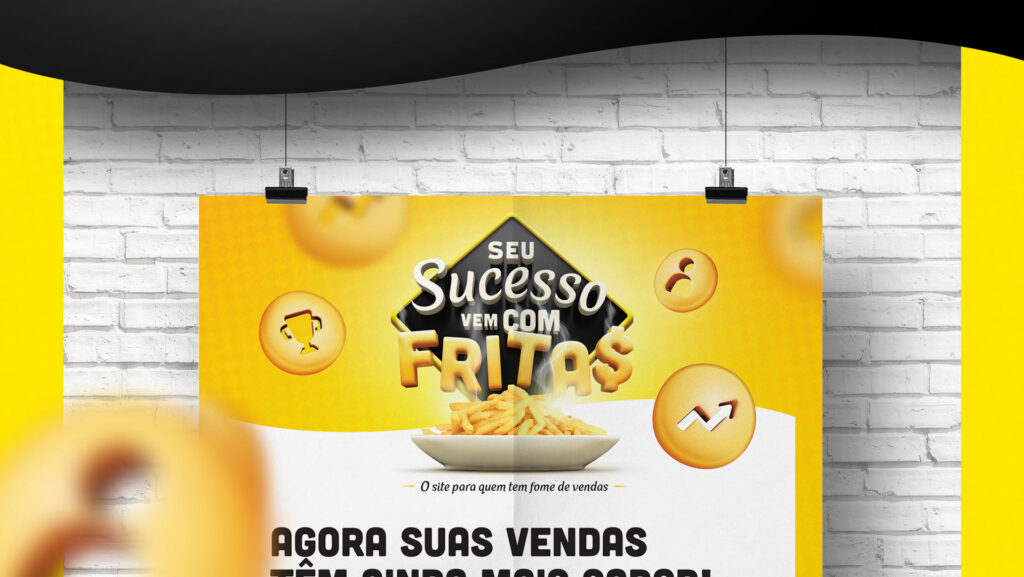 Cartaz impresso pendurado na parede amarela divulgando o lançamento do portal Seu Sucesso Vem com Fritas McCain