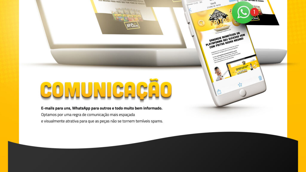 Laptop e smartphone exibindo mensagens de notificação via WhatsApp e e-mail da campanha McCain com o título Comunicação
