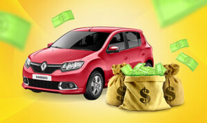 Carro Sandero vermelho e sacos de dinheiro representando a premiação da Promoção Dê um Refresco para a sua Vida Ajinomoto por Just Trade Marketing