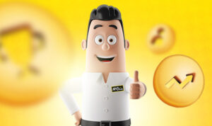 Mascot 3D da McCain fazendo sinal de positivo ao lado de ícones de troféu e crescimento da promoção Seu Sucesso Vem com Fritas por Just Trade Marketing