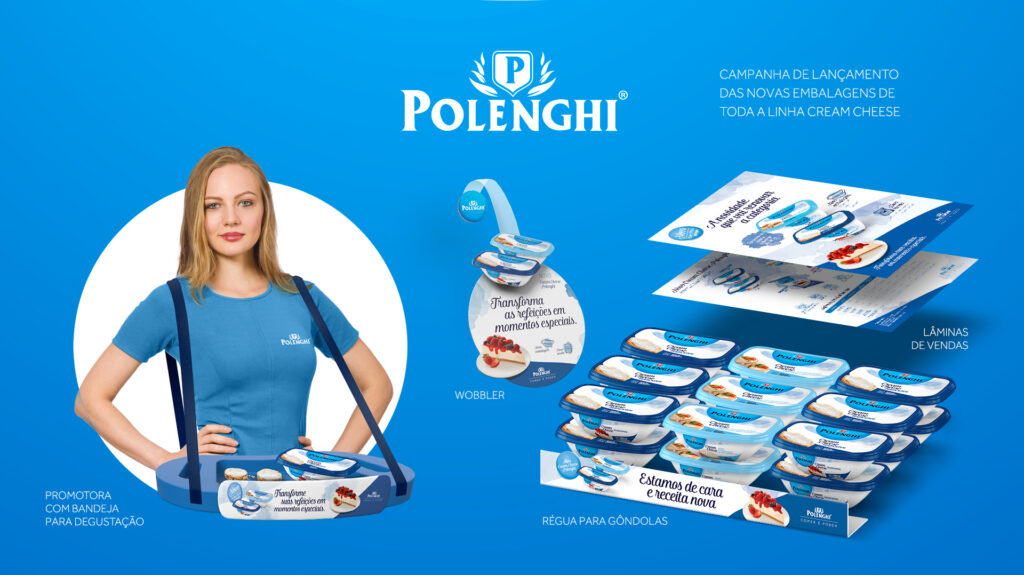 Enxoval completo de merchandising da Polenghi com bandeja de degustação para promotora, wobbler, réguas de gôndola e lâminas de vendas da linha Cream Cheese