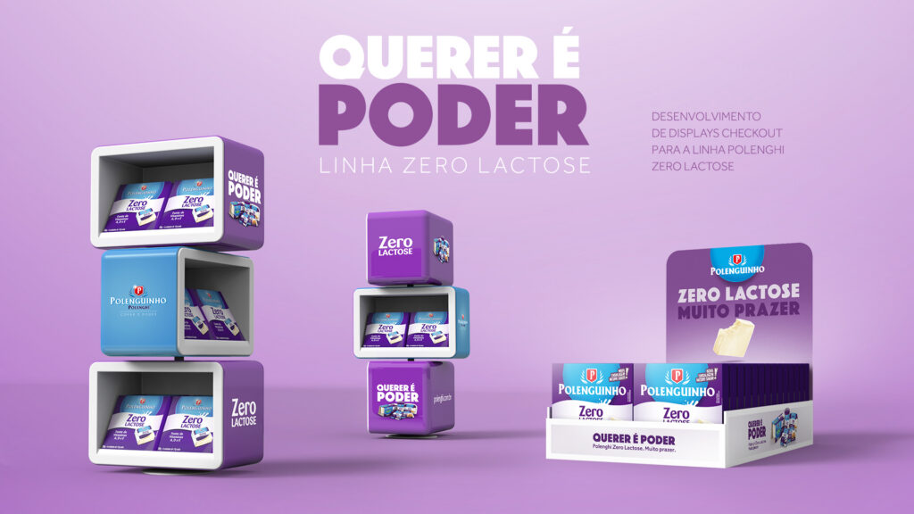 Expositores modulares roxos e brancos de checkout para a linha de queijos Polenghi Zero Lactose