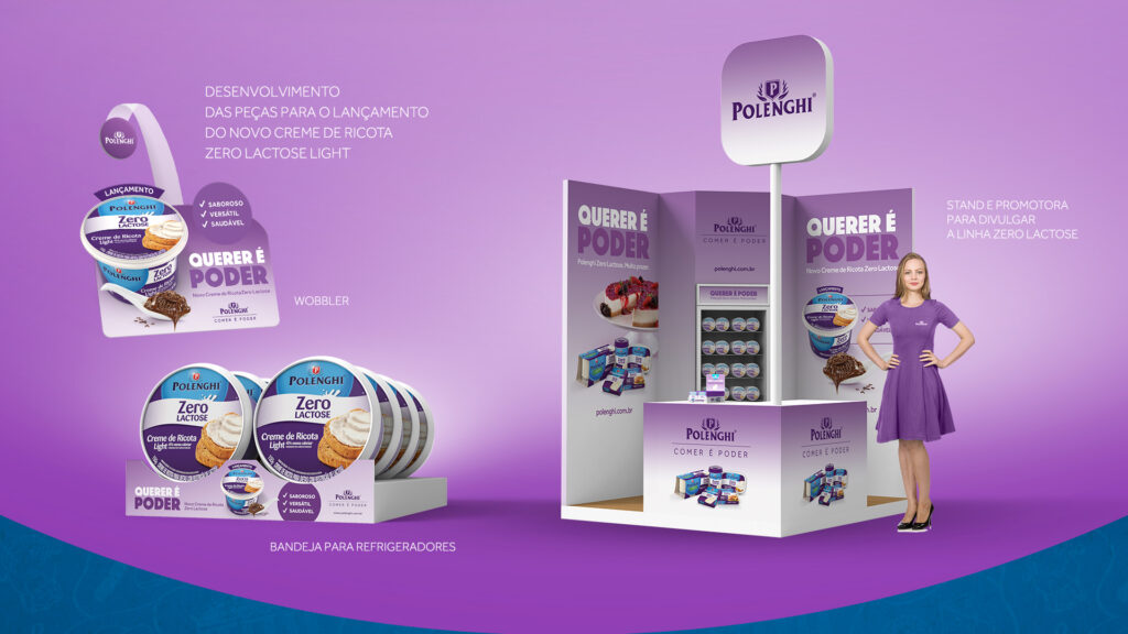 Balcão de degustação roxo e branco com promotora uniformizada para o lançamento do Creme de Ricota Polenghi Zero Lactose Light