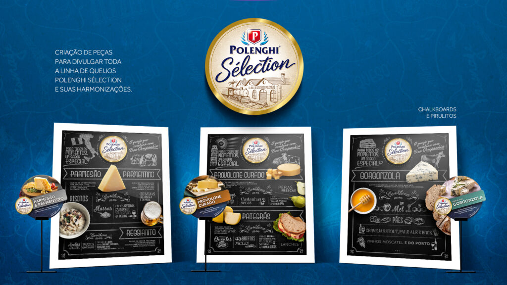 Três quadros estilo chalkboard com desenhos de queijos Parmesão, Reblochon e Gorgonzola da linha Polenghi Sélection