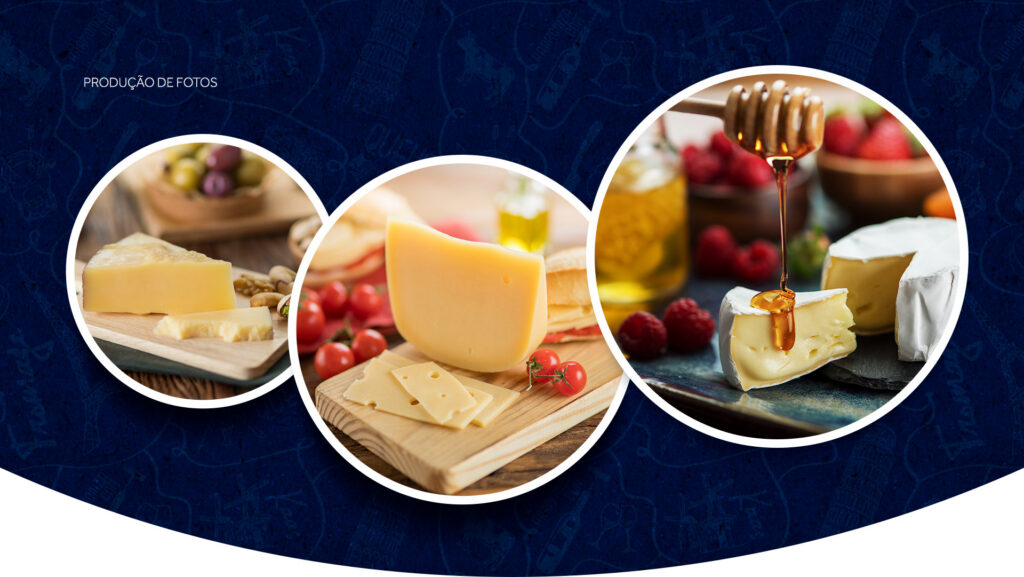 Três molduras circulares com fotos publicitárias de queijos nobres Parmesão, Gouda e Brie com mel para a linha Polenghi Sélection