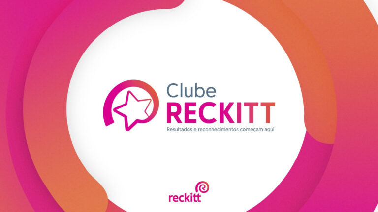 Logo oficial do Clube Reckitt com estrela rosa cercada por moedas de ouro flutuando em fundo branco e rosa