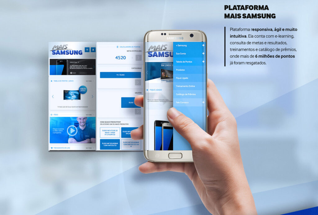 Interface do aplicativo mobile responsivo do programa de incentivo B2B Samsung exibindo saldo de pontos e catálogo de prêmios.