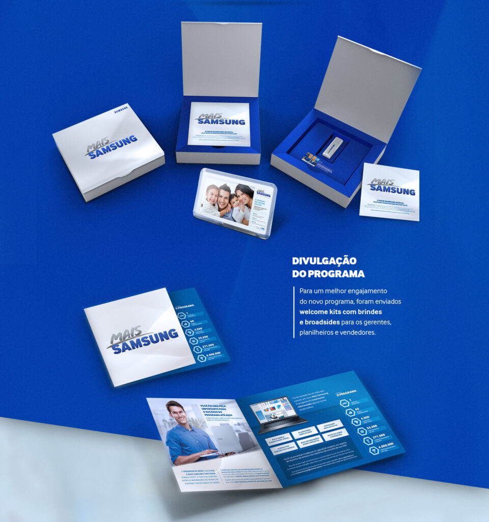 Material gráfico impresso e folders do programa de incentivo B2B Samsung para apresentação de metas e regulamento aos lojistas.
