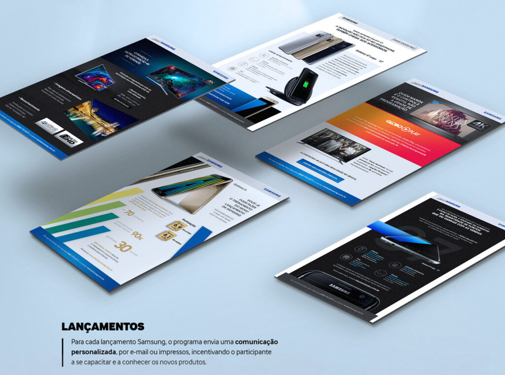 Lâminas de e-learning e comunicação visual de lançamentos de produtos integradas ao programa de incentivo B2B Samsung.