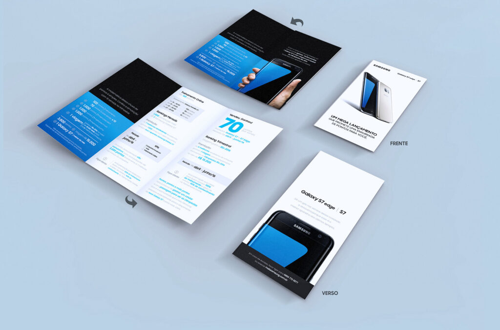 Material gráfico impresso e folders do programa de incentivo B2B Samsung para apresentação de metas e regulamento aos lojistas.