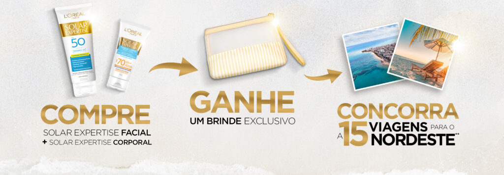 Infográfico da mecânica compre Solar Expertise facial e corporal, ganhe brinde exclusivo e concorra a 15 viagens para o Nordeste