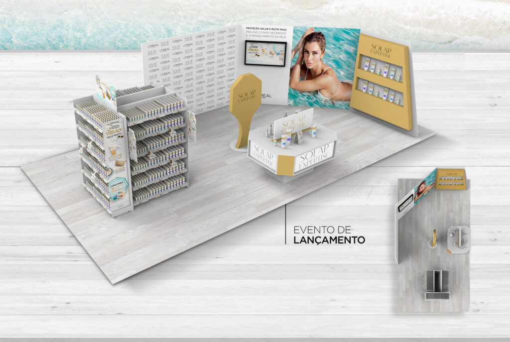 Maquete 3D do stand cenográfico para evento corporativo de lançamento da linha Solar Expertise da L'Oréal Paris