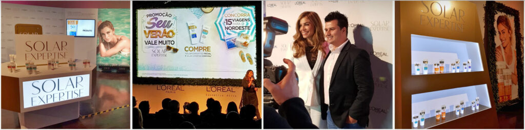 Fotos do evento real da L'Oréal Paris mostrando balcão iluminado Solar Expertise, apresentação em palco e celebridades no painel