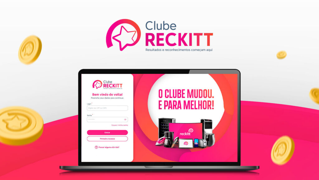 Notebook exibindo a tela de login e comunicação O Clube Mudou e Para Melhor da plataforma Clube Reckitt