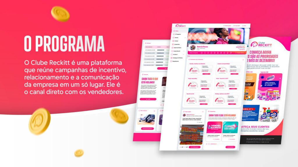 Mockup de telas da plataforma Clube Reckitt mostrando painéis de controle, catálogo de prêmios e regras