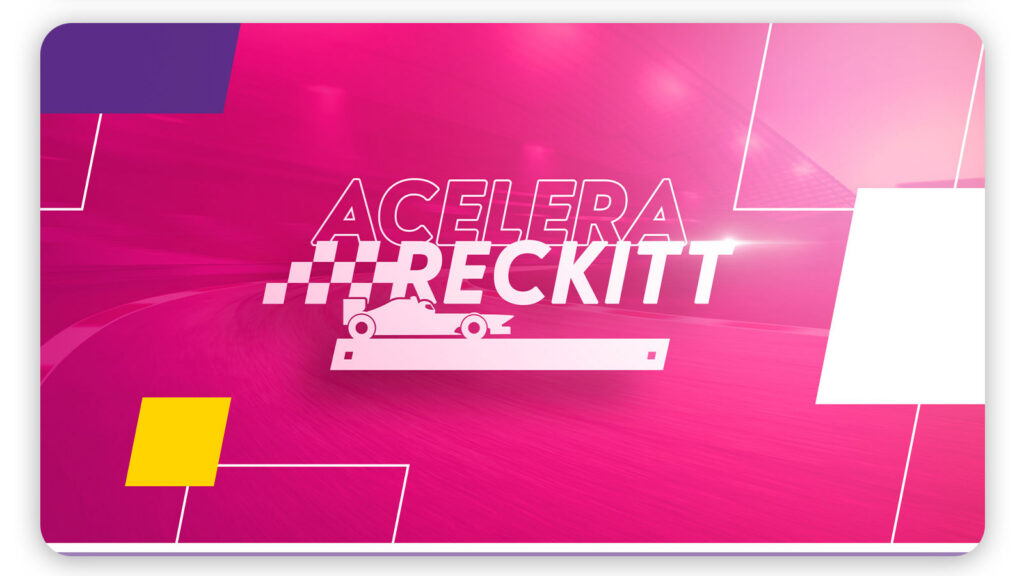 Card promocional rosa e roxo com imagem de um carro de corrida e o texto Acelera Reckitt