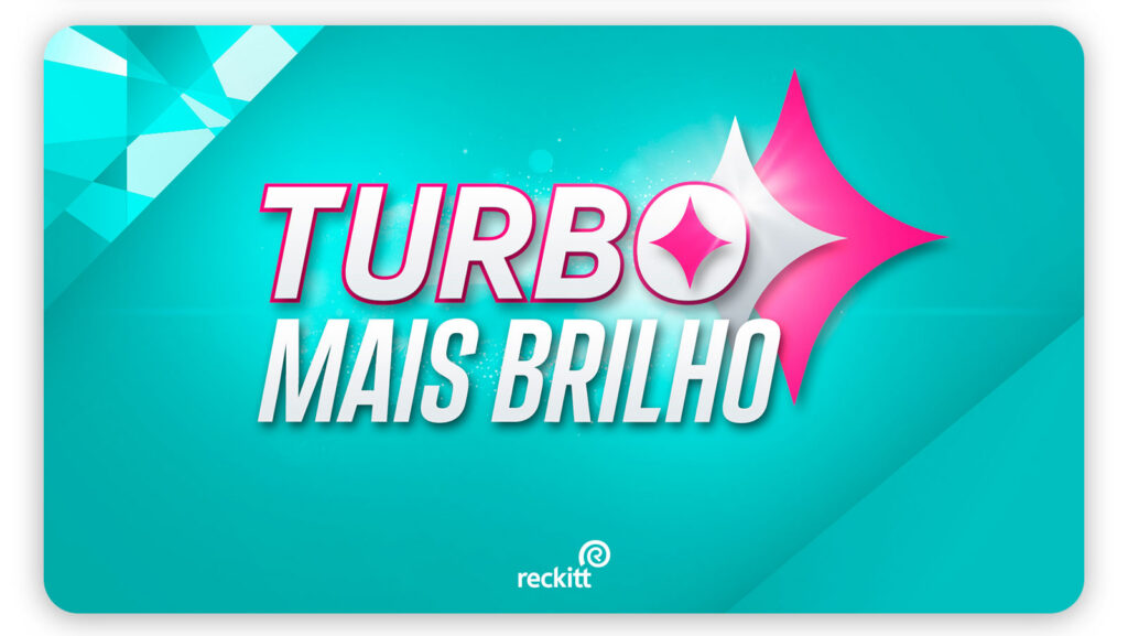 Card verde água e rosa com diamante de brilho e o texto Turbo Mais Brilho Reckitt