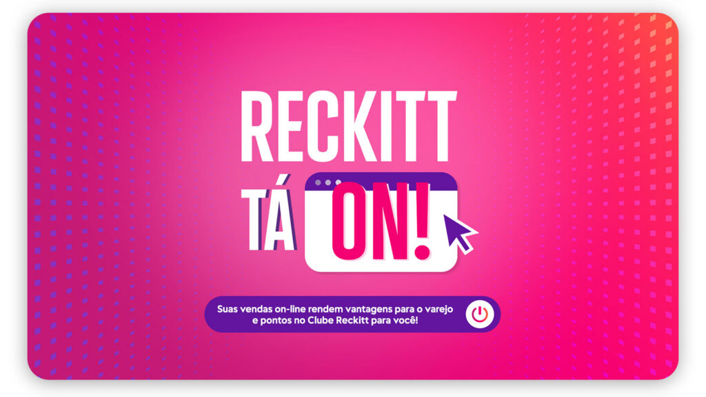 Card publicitário com símbolo de botão de ligar/power e cursor de clique com o texto Reckitt Tá ON