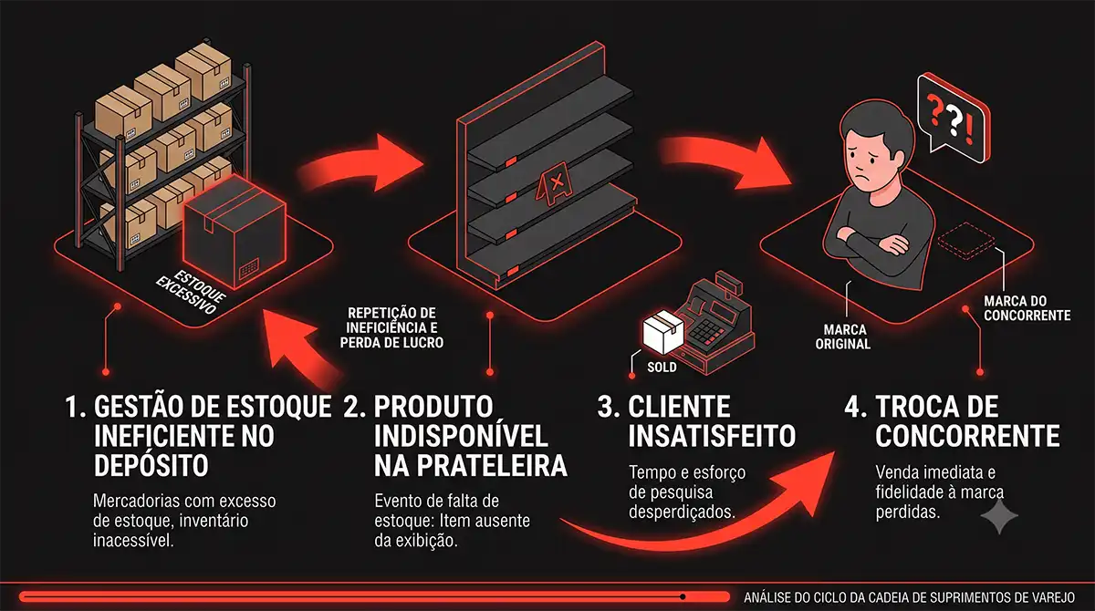 Infográfico demonstrando as 4 etapas do ciclo da perda por ruptura de estoque no varejo: gestão ineficiente no depósito, produto indisponível na prateleira, cliente insatisfeito e troca de marca pelo concorrente