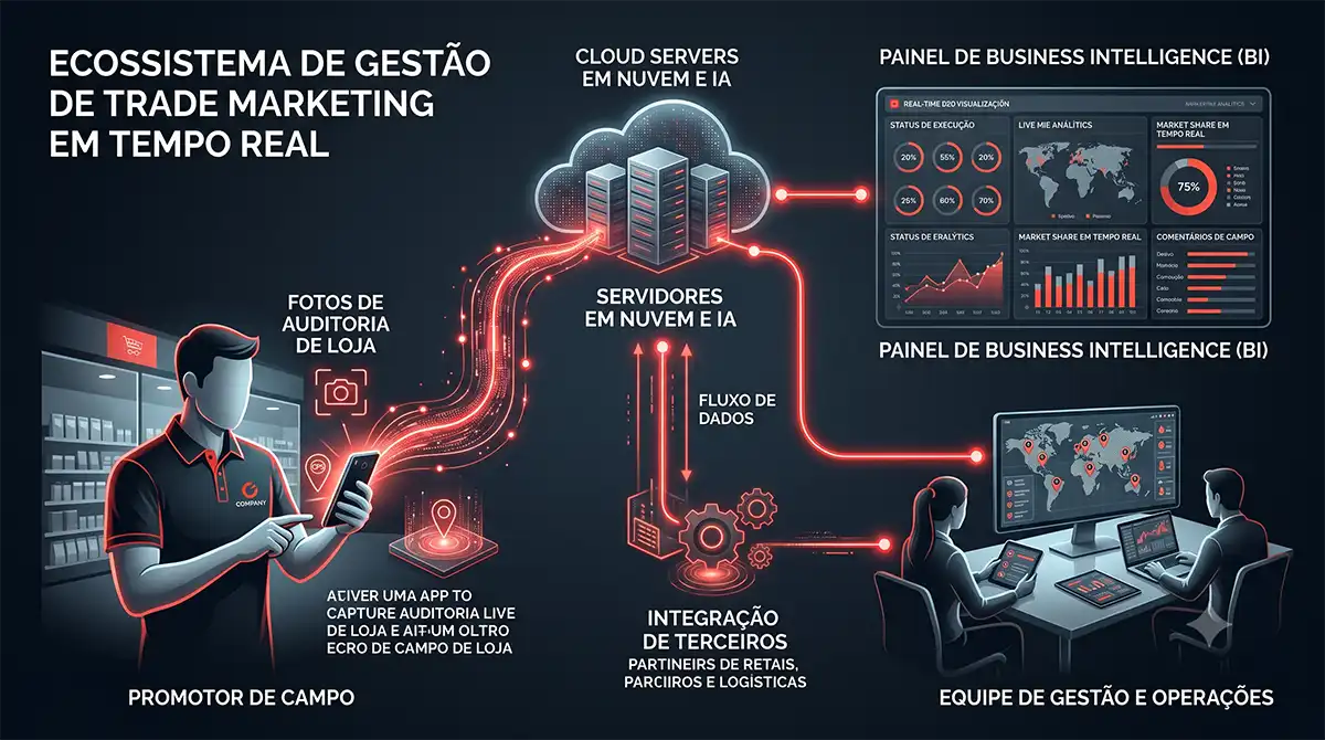Infográfico do ecossistema de gestão de Trade Marketing em tempo real mostrando a integração entre o promotor de campo com aplicativo GPS, servidores em nuvem com inteligência artificial e o painel de Business Intelligence (BI) para a equipe de gestão