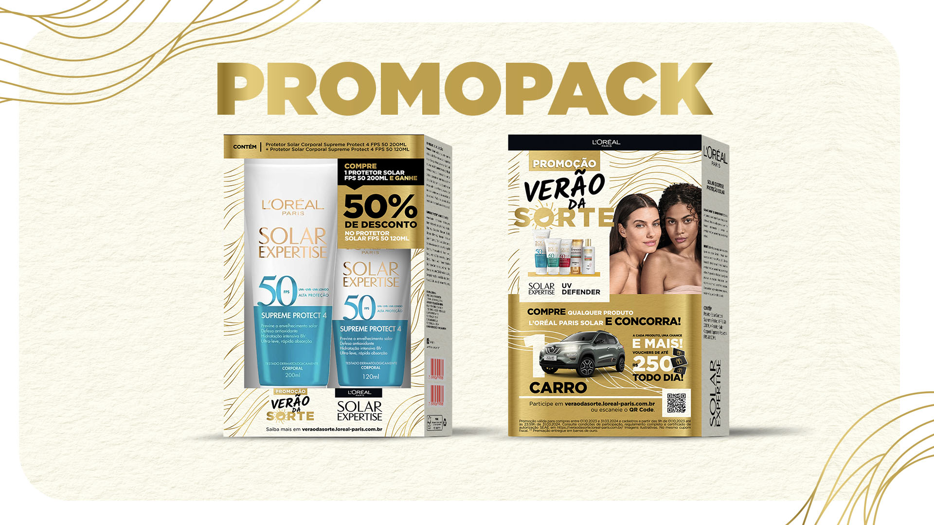 Embalagem Promopack do protetor solar L'Oréal Paris Solar Expertise com 50 por cento de desconto e divulgação da promoção