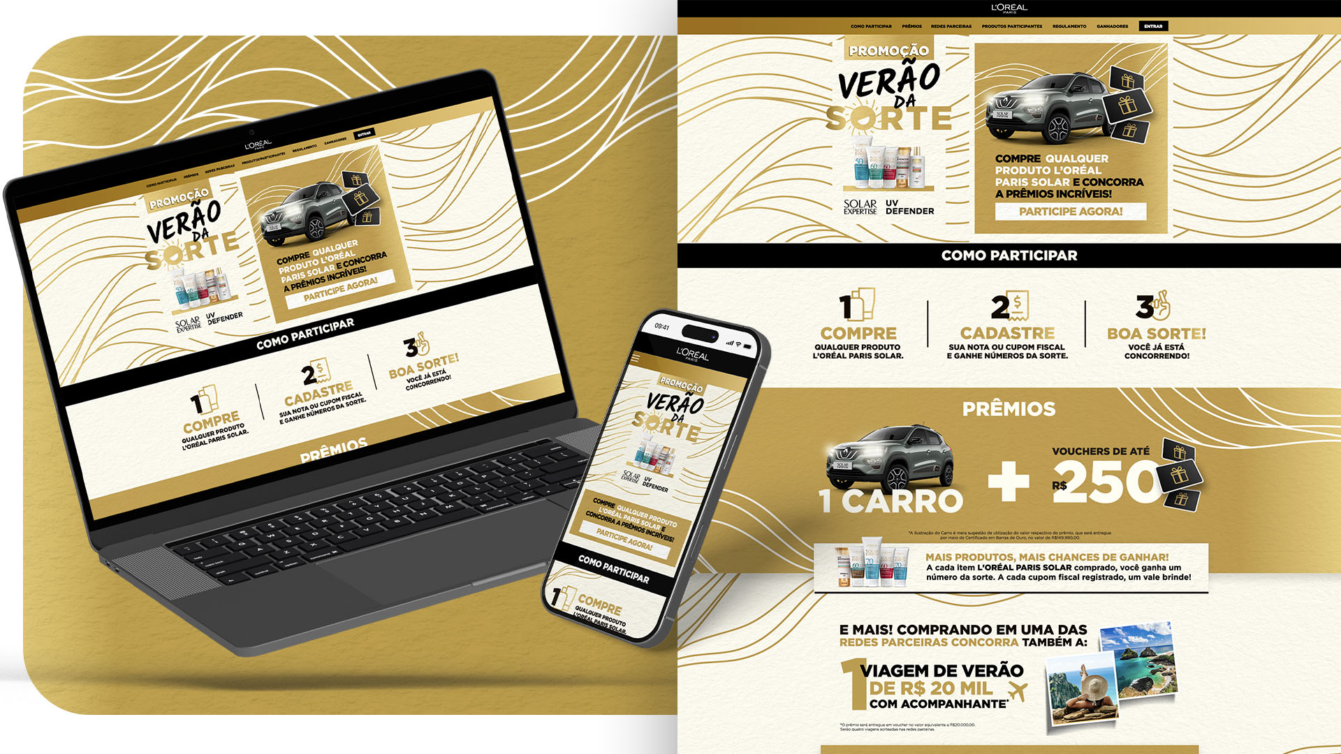 Notebook e smartphone exibindo o hotsite da Promoção Verão da Sorte L'Oréal Paris com o passo a passo de participação
