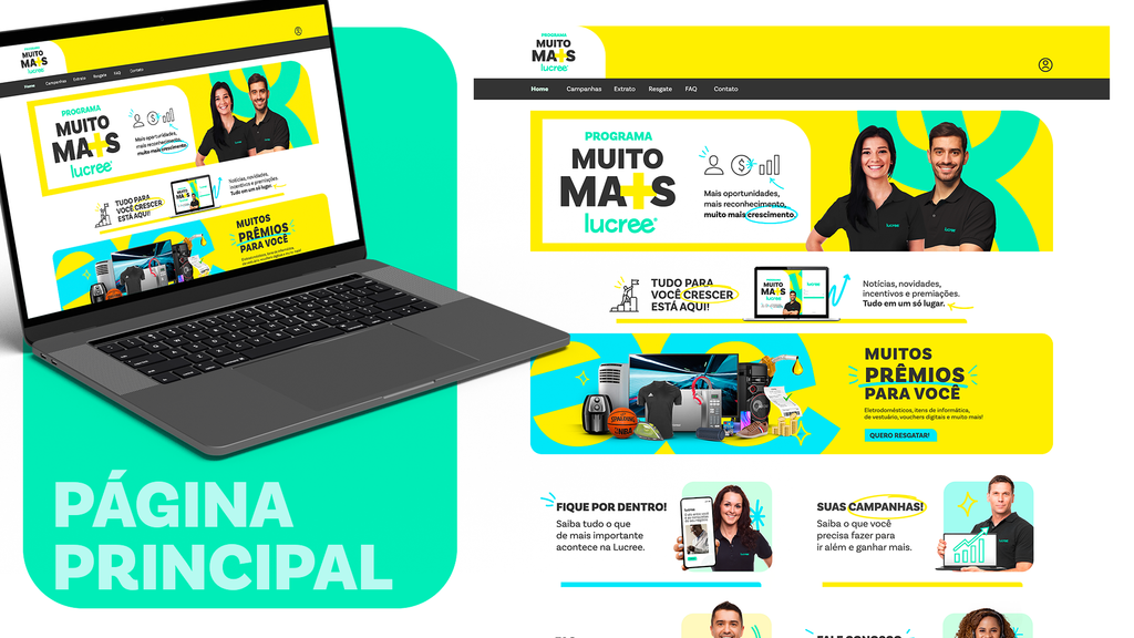Notebook exibindo a interface da página principal do portal Programa Muito Mais da Lucree com catálogo de prêmios e campanhas