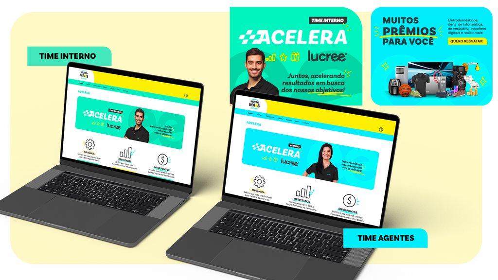 Laptops exibindo os dashboards de campanhas Acelera Lucree para time interno e time de agentes