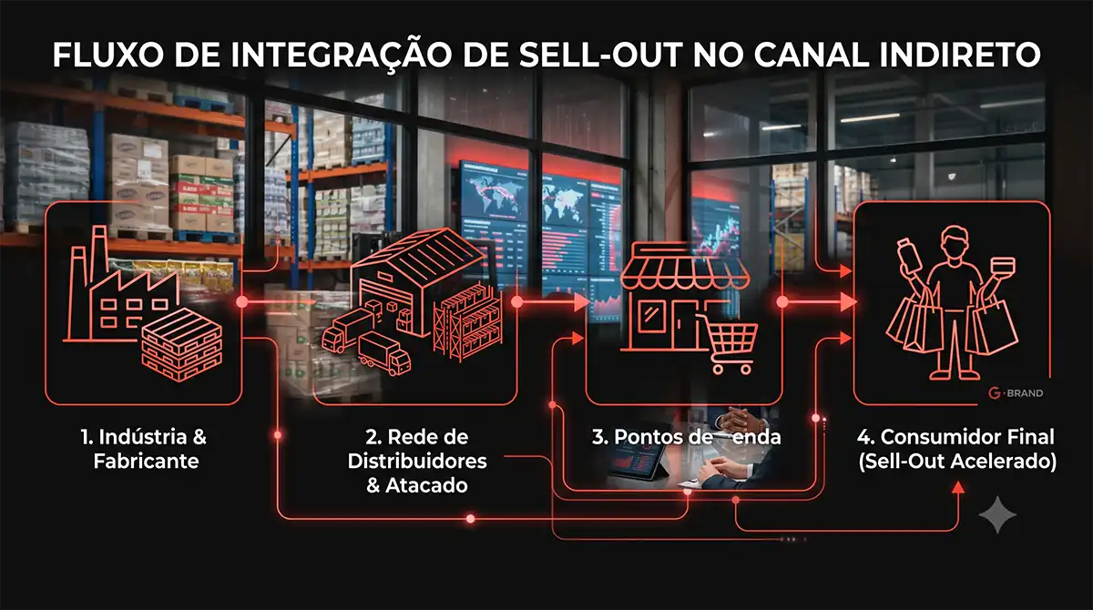 Infográfico do ecossistema de gestão de Trade Marketing em tempo real mostrando a integração entre o promotor de campo com aplicativo GPS, servidores em nuvem com inteligência artificial e o painel de Business Intelligence (BI) para a equipe de gestão