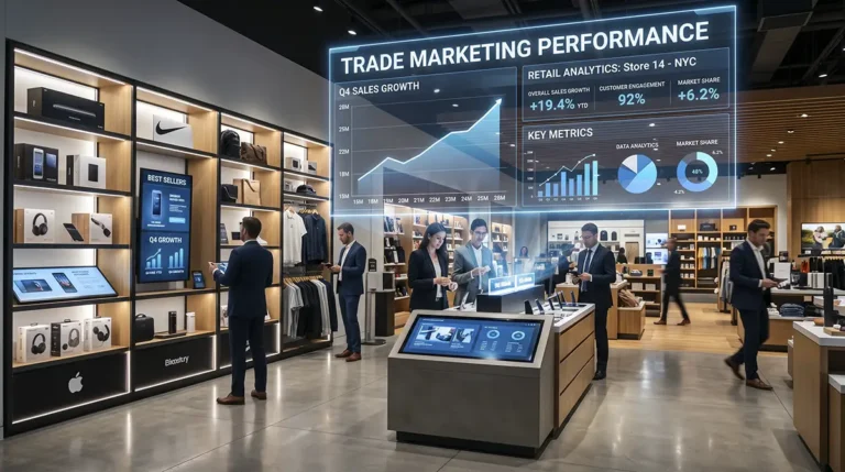 Dashboard de inteligência de vendas sobreposto a um ponto de venda moderno ilustrando 5 exemplos criativos de trade marketing por Just Trade Marketing