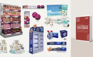 Ecossistema integrado de materiais de PDV e merchandising com gôndola iluminada e e-book de incentivo B2B da Just Trade Marketing.