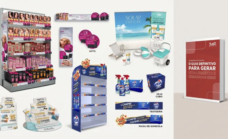 Ecossistema integrado de materiais de PDV e merchandising com gôndola iluminada e e-book de incentivo B2B da Just Trade Marketing.