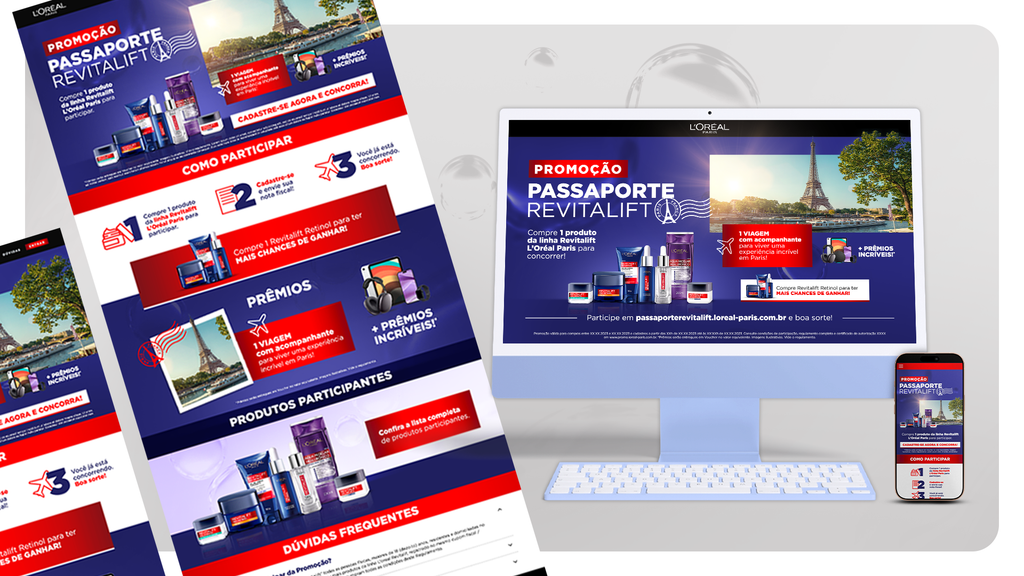 Telas de computador e smartphone exibindo o hotsite responsivo da Promoção Passaporte Revitalift com passos de participação e cadastro de notas fiscais.