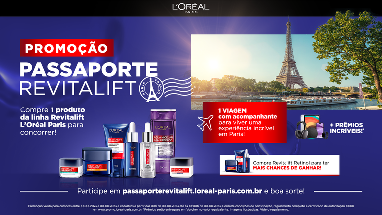 Key Visual da Promoção Passaporte Revitalift mostrando a linha completa de produtos de cuidados faciais L'Oréal Paris, a Torre Eiffel ao fundo e destaque para mais chances de ganhar com Revitalift Retinol.